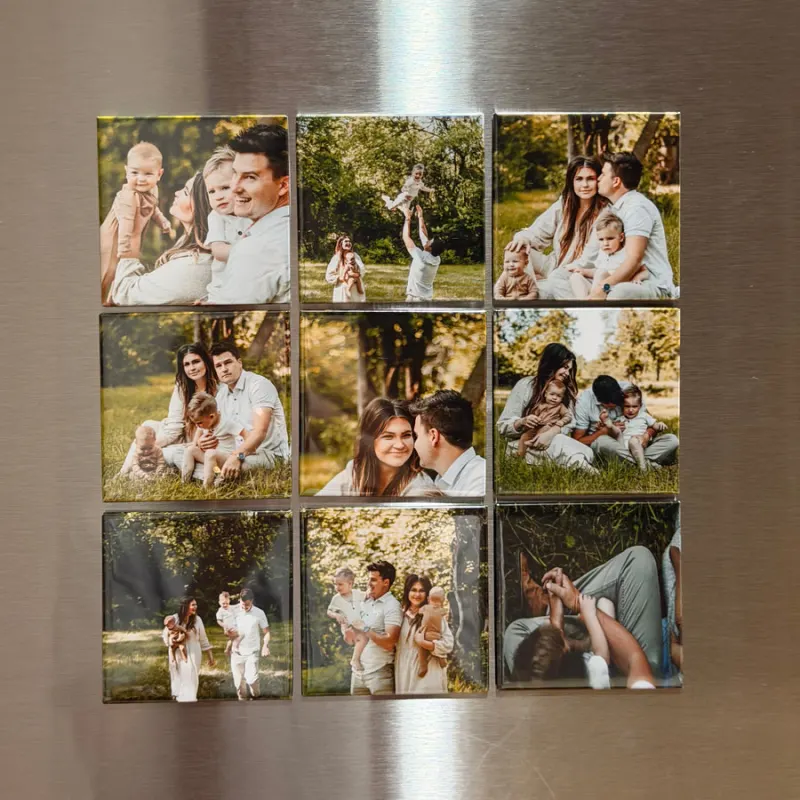 Nine photo magnets on a fridge door, each a different picture of the same family